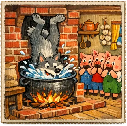 The wolf dropping down the chimney into a pot of water