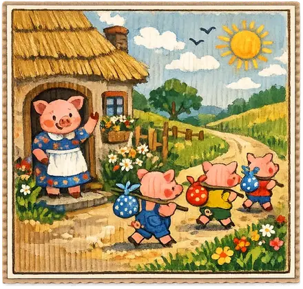 Mother Pig waving the three little pigs off down the lane